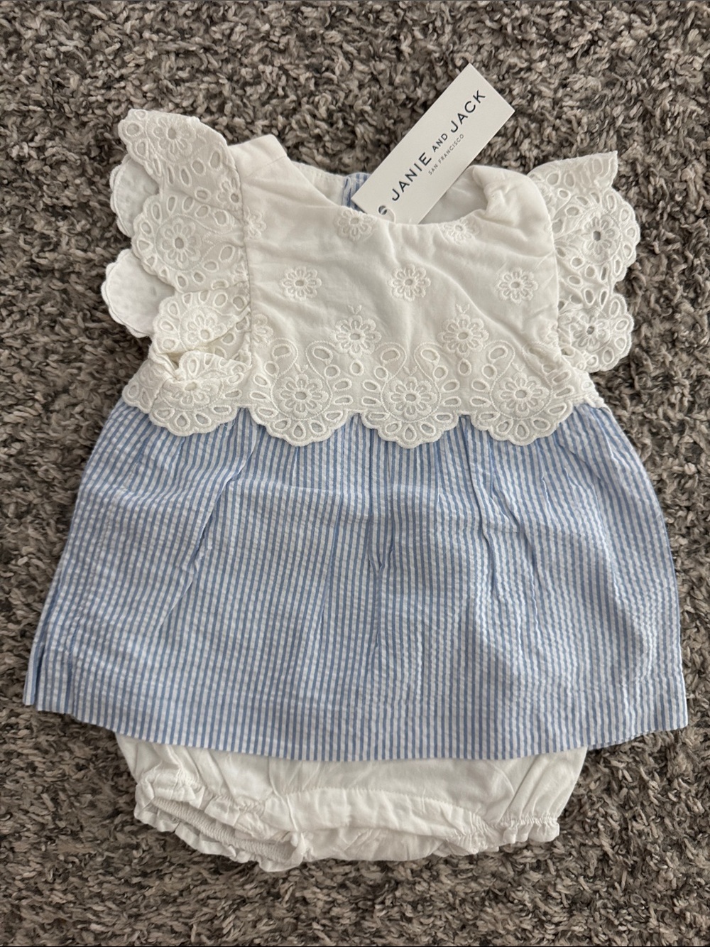 Janie and Jack White Eyelet Top with Light Blue Seersucker Diaper Cover (3-6 mo)